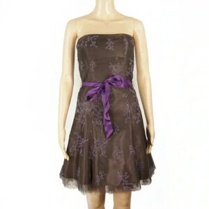 Vintage Jessica McClintock Gunne Sax Brown Tulle Purple Beaded Floral Dress